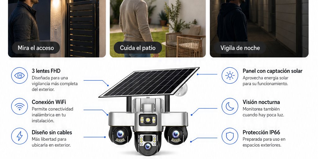 Cámara de Seguridad Solar Triple IP66 Visión Nocturna (6/12)