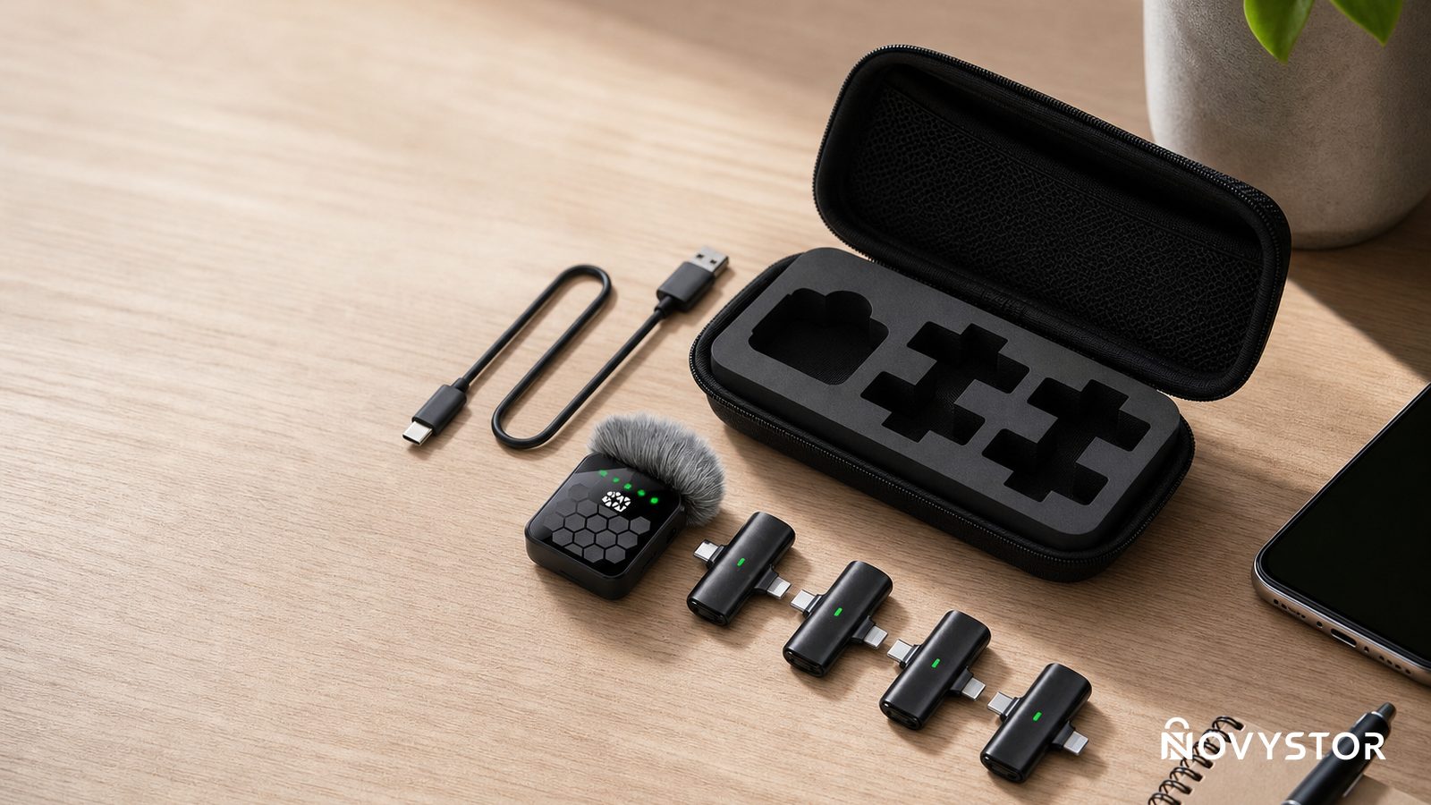 Kit completo del micrófono lavalier inalámbrico QY66 negro con receptor, cuatro adaptadores, cable de carga y estuche de almacenamiento