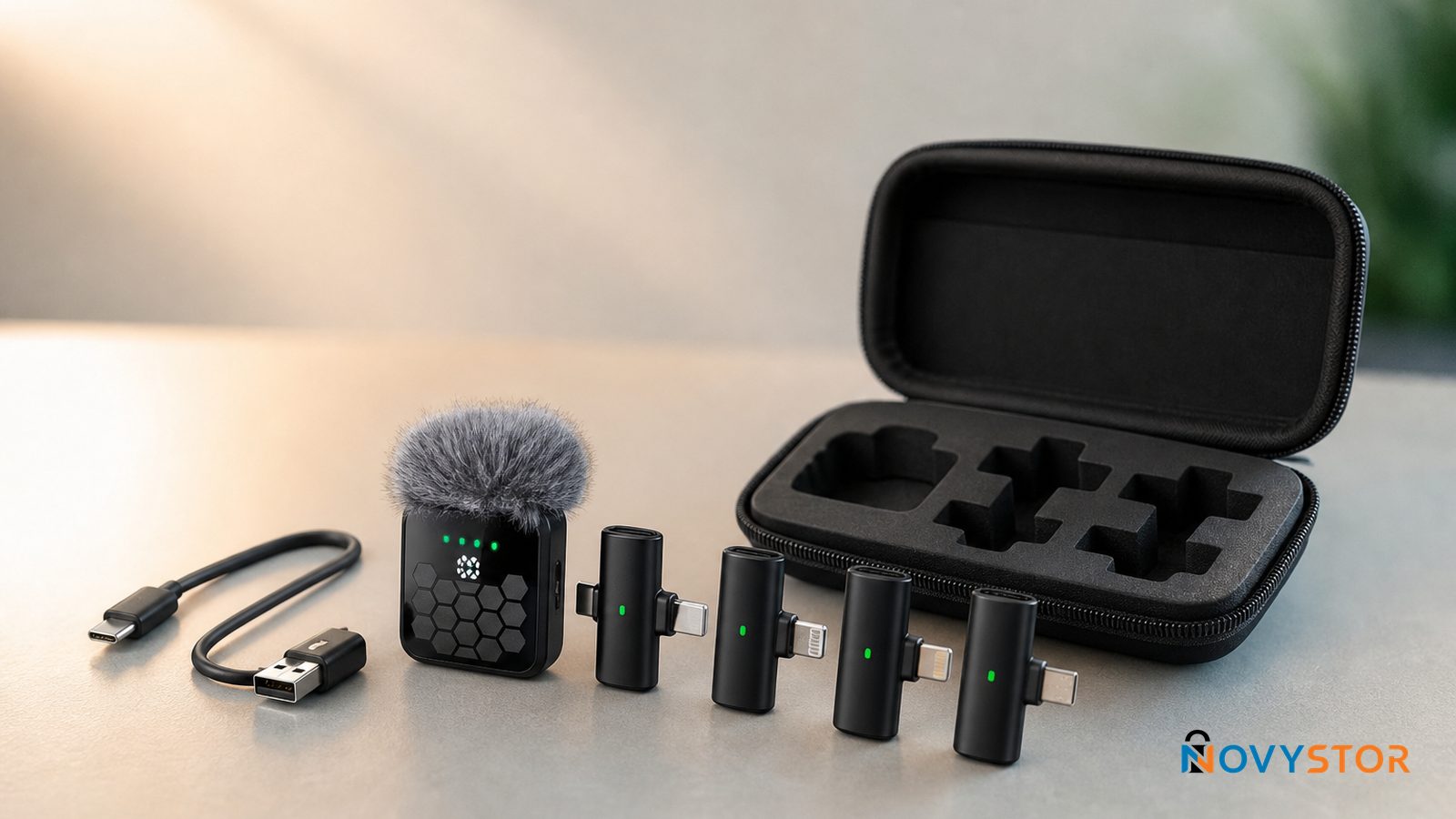 Detalle del micrófono lavalier inalámbrico QY66 negro con conector USB-C y cuatro adaptadores plug and play alineados
