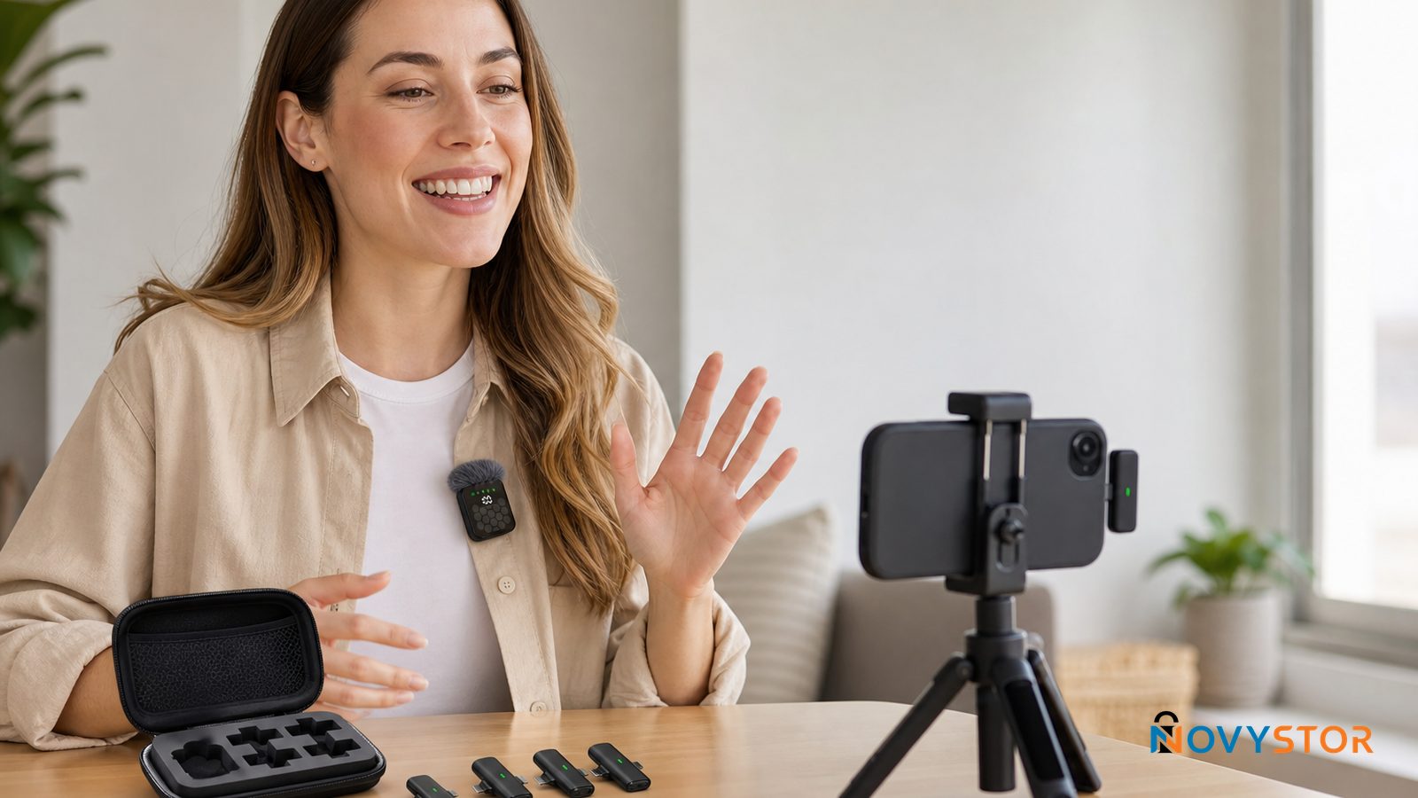 Micrófono lavalier QY66 conectado a un celular con receptor USB-C y los cuatro adaptadores sobre una mesa