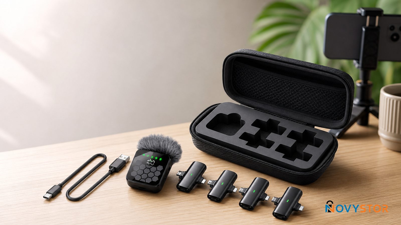 Kit completo del micrófono QY66 con estuche abierto mostrando micrófono, receptor, cuatro adaptadores y cable de carga