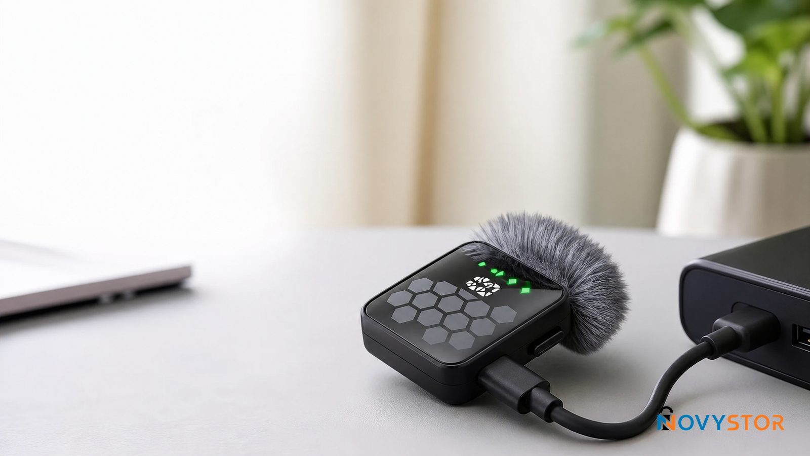 Micrófono lavalier inalámbrico QY66 conectado a su cable de carga