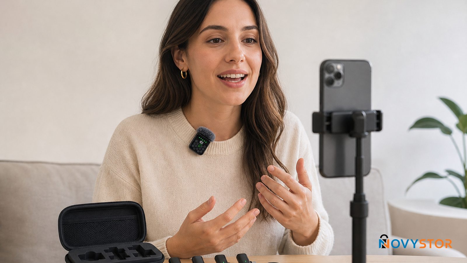 Cuatro adaptadores plug & play del micrófono lavalier QY66 junto al receptor
