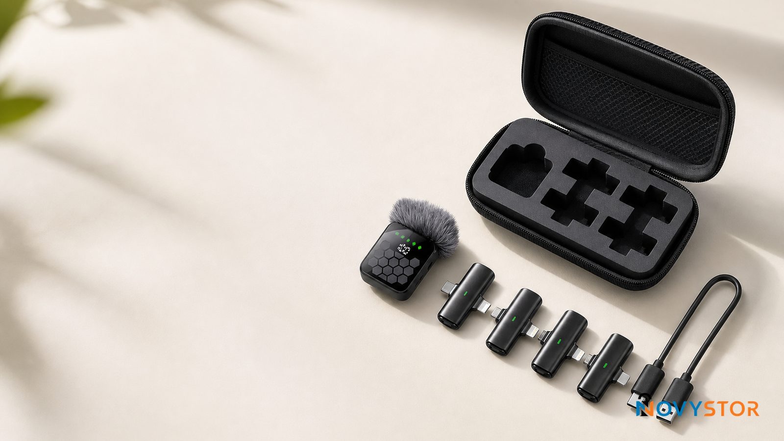 Kit completo del micrófono inalámbrico QY66 negro con receptor, cuatro adaptadores, estuche y cable de carga ordenados sobre una mesa