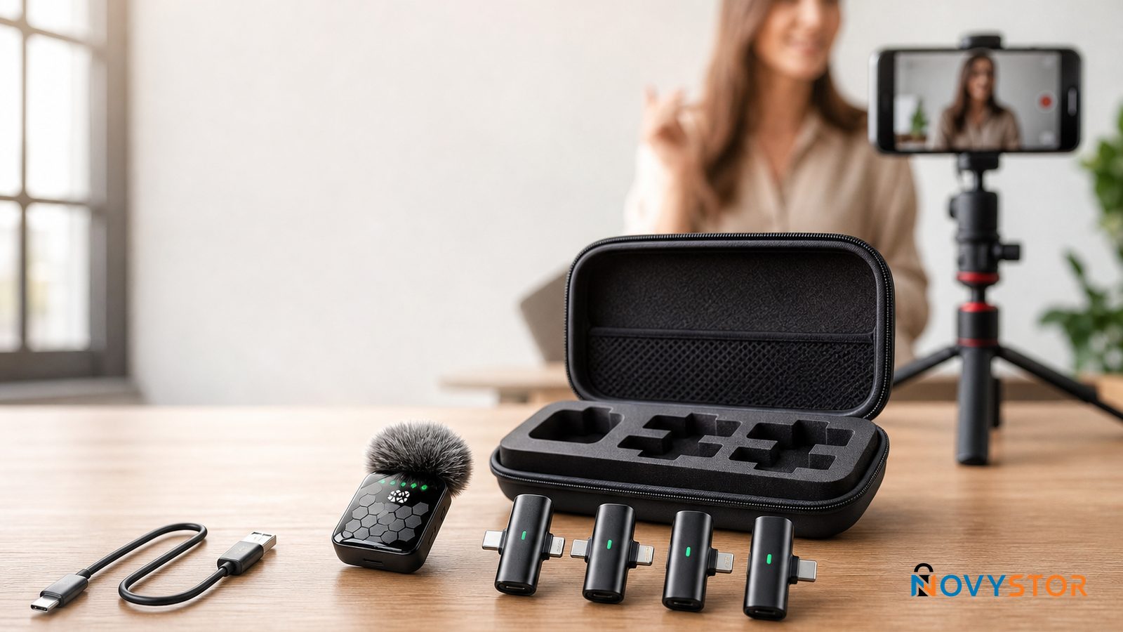 Micrófono lavalier inalámbrico QY66 con sus 4 adaptadores: USB-C, Lightning y 3.5 mm