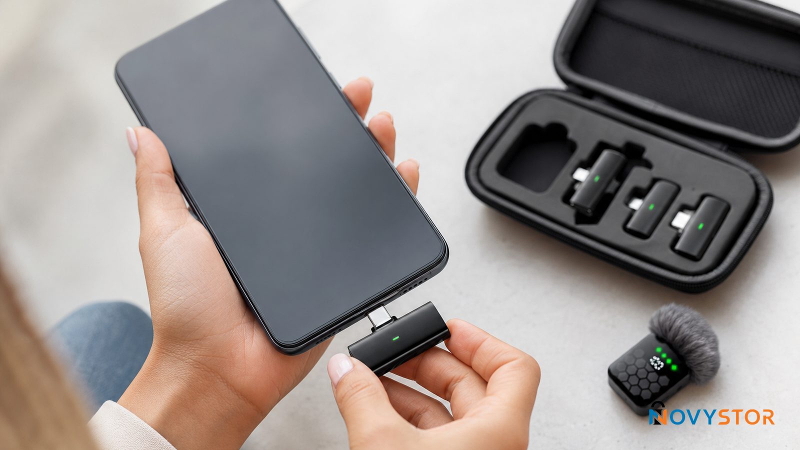 Persona conectando el receptor del micrófono inalámbrico QY66 al puerto USB-C de un celular