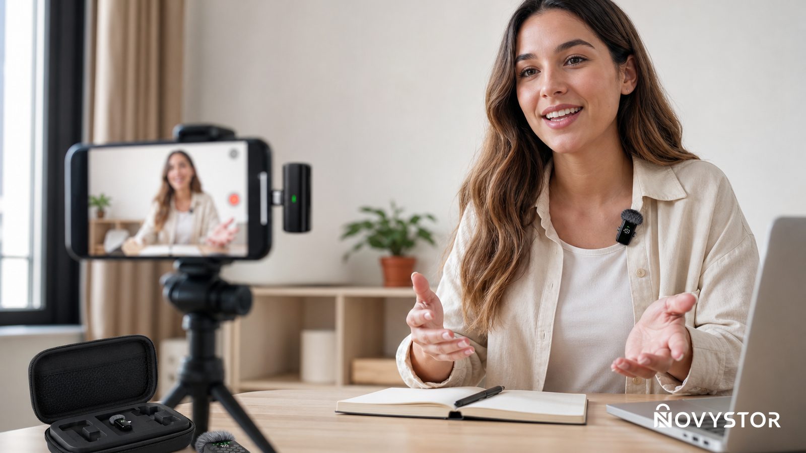 Persona grabando video con micrófono lavalier QY66 conectado a celular mediante adaptador USB-C