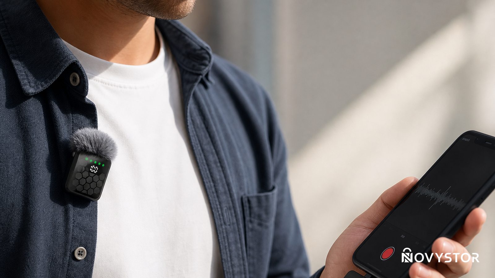 Micrófono inalámbrico QY66 sujeto a la solapa de una camisa, con receptor conectado a un celular mediante USB-C durante una grabación.