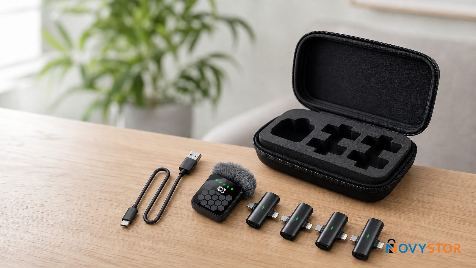 Contenido completo de la caja del micrófono inalámbrico QY66: micrófono, receptor, 4 adaptadores, cable de carga y estuche de almacenamiento.
