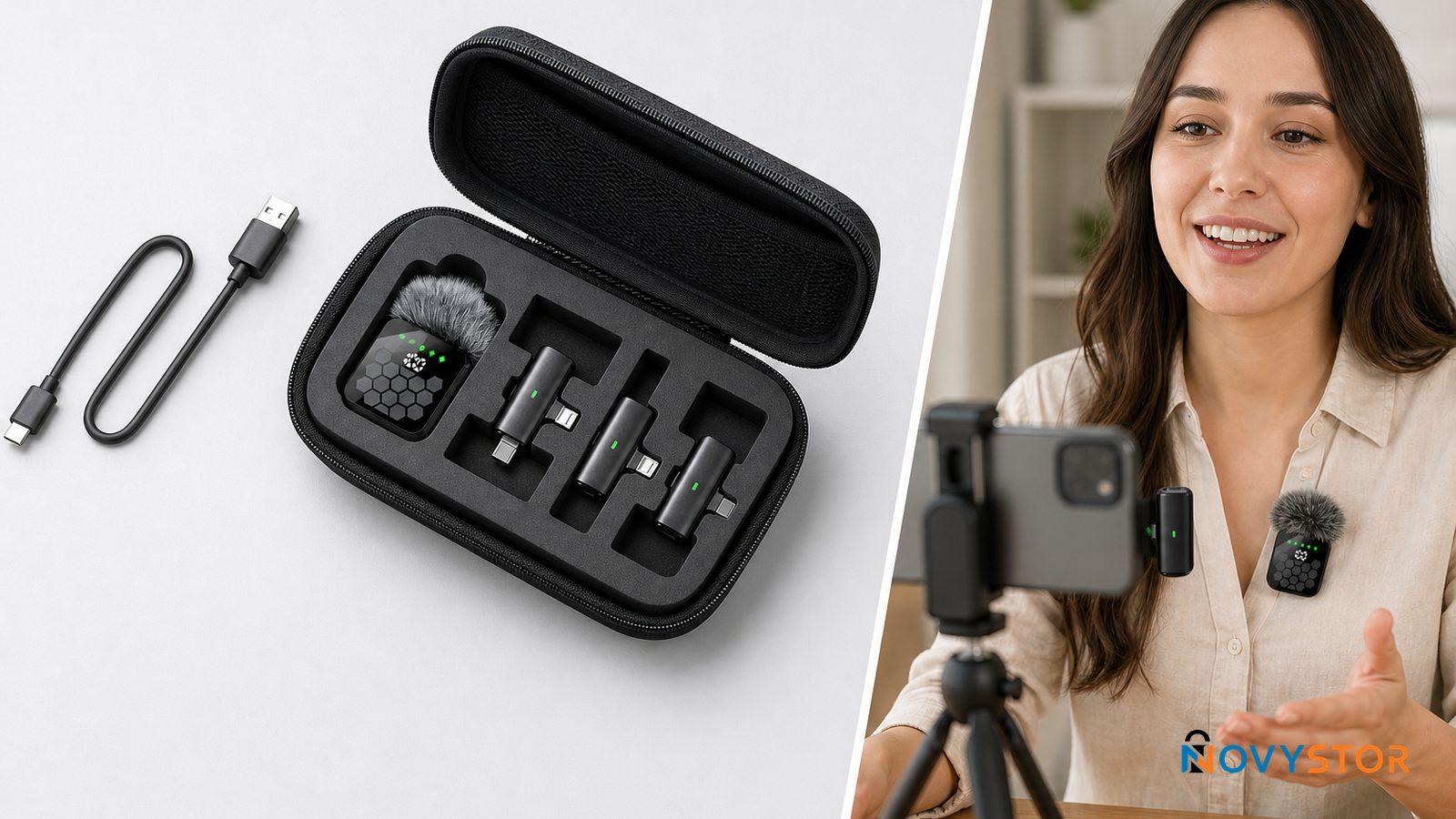 Contenido completo de la caja del micrófono lavalier inalámbrico QY66: micrófono, receptor, 4 adaptadores, cable de carga y estuche abierto