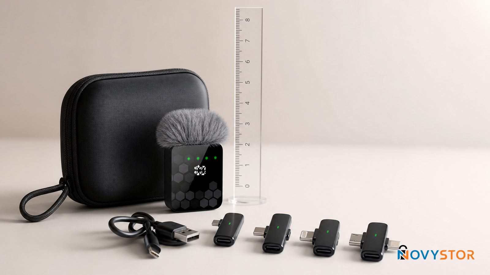 Micrófono lavalier inalámbrico QY66 negro sobre fondo neutro