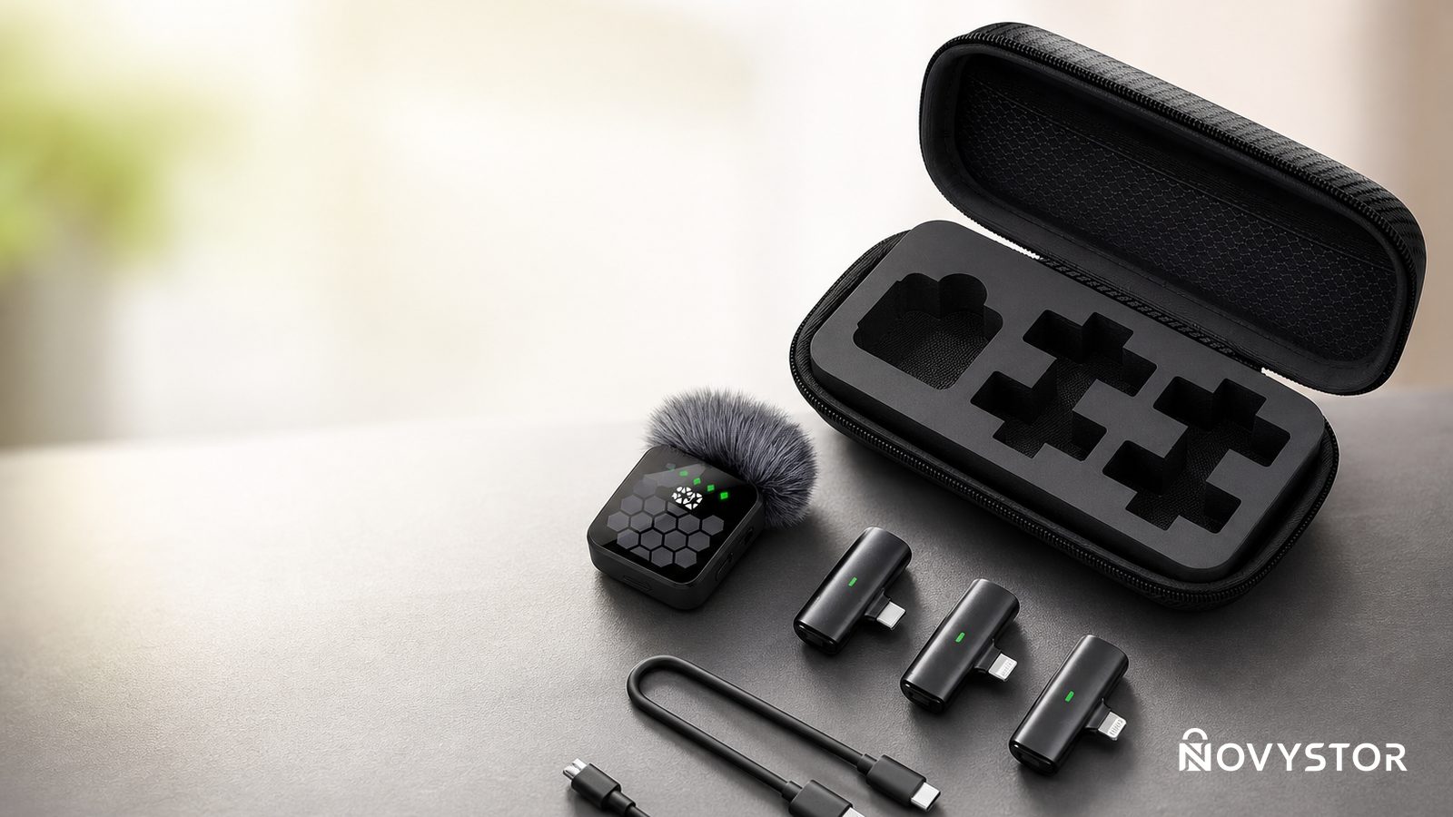 Micrófono QY66 negro con cuatro adaptadores plug & play y estuche abierto