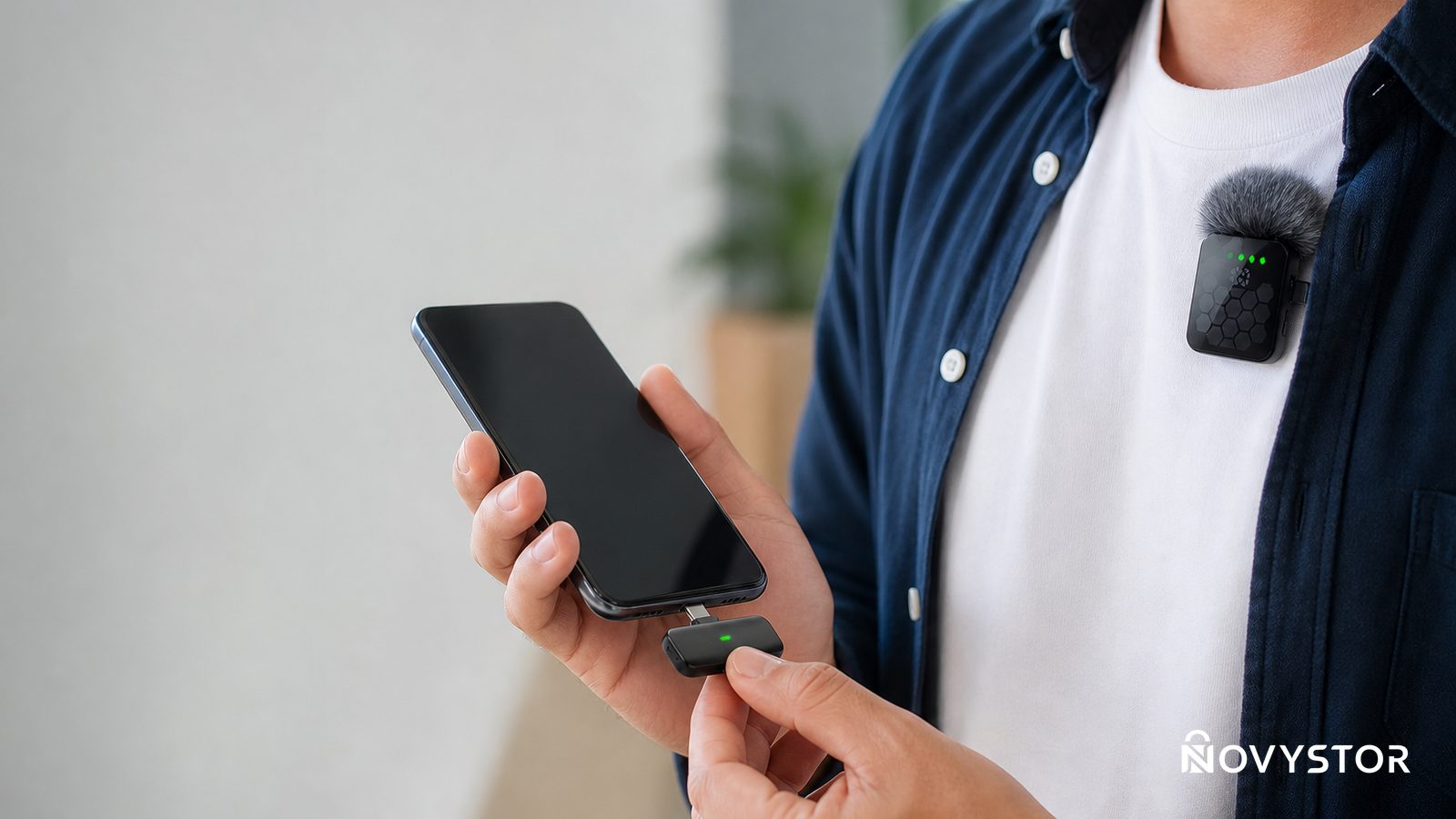 Mano conectando receptor USB‑C del QY66 a celular Android mientras el micrófono cuelga de la camisa