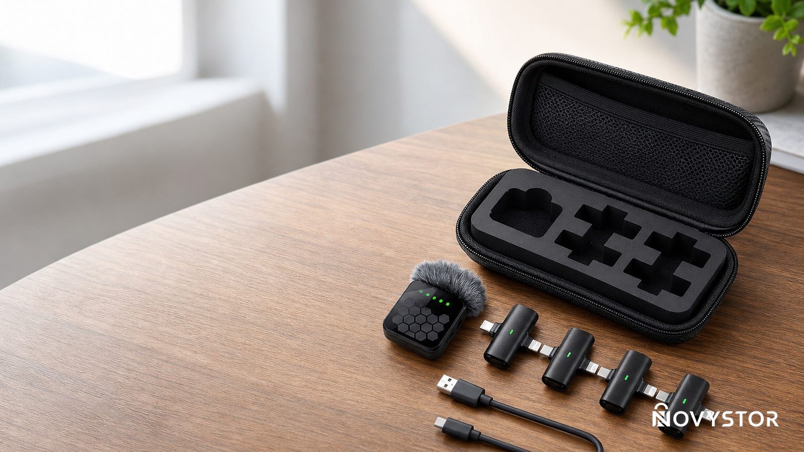 Kit completo del micrófono inalámbrico 4 en 1 de Novystor con transmisor, receptor, 4 adaptadores y estuche