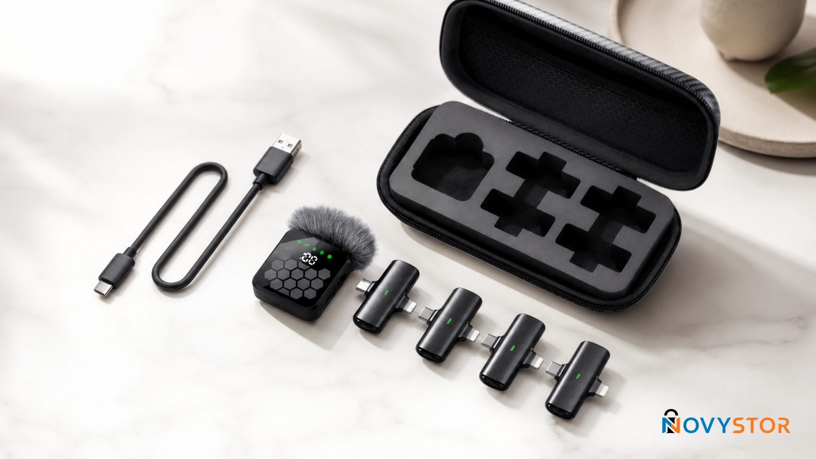 Contenido del kit de micrófono lavalier inalámbrico Novystor: micrófono negro, receptor, cuatro adaptadores, estuche de transporte y cable USB-C