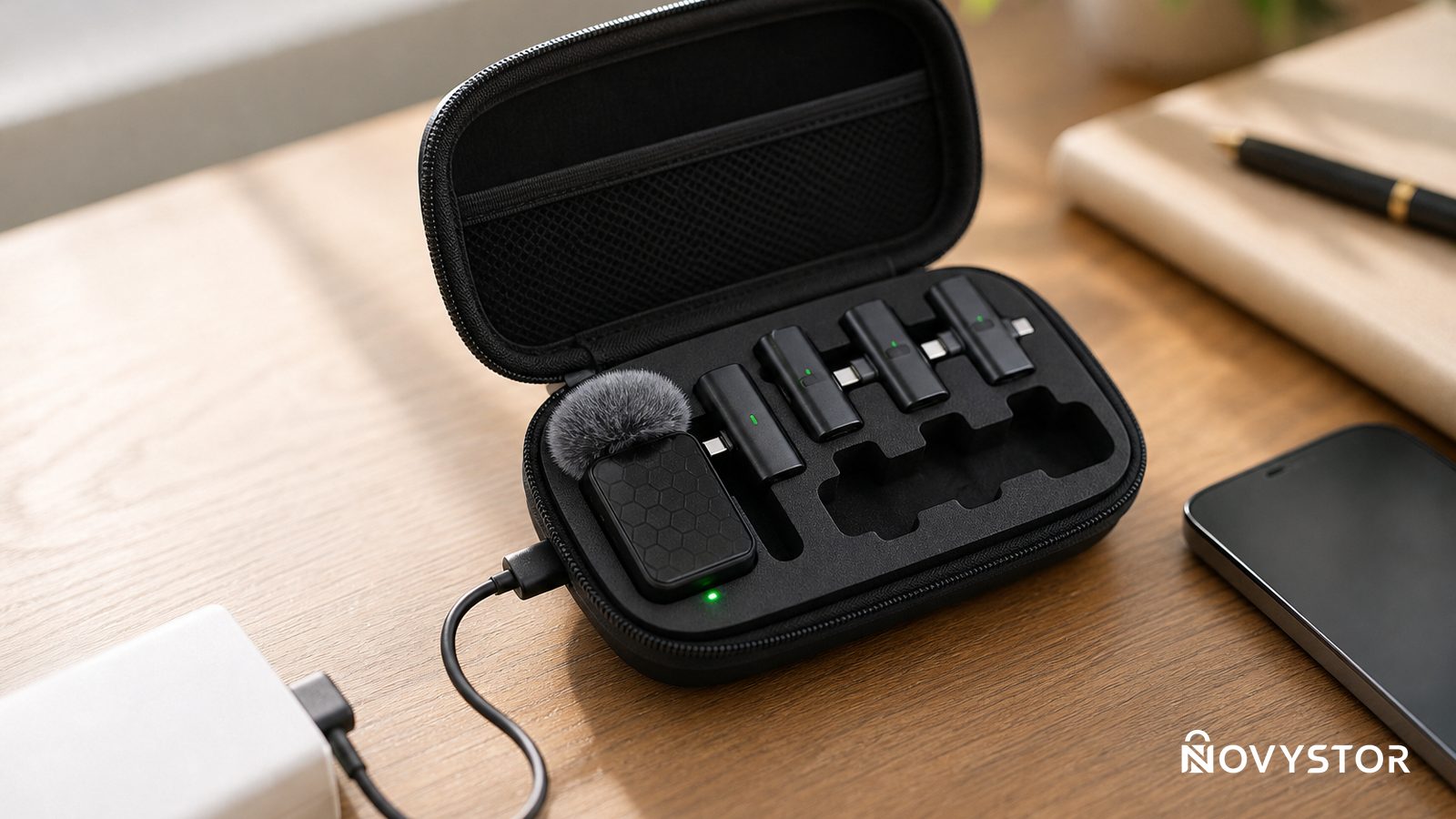 Kit del micrófono lavalier Novystor con transmisor y receptor dentro del estuche de transporte y cable USB-C