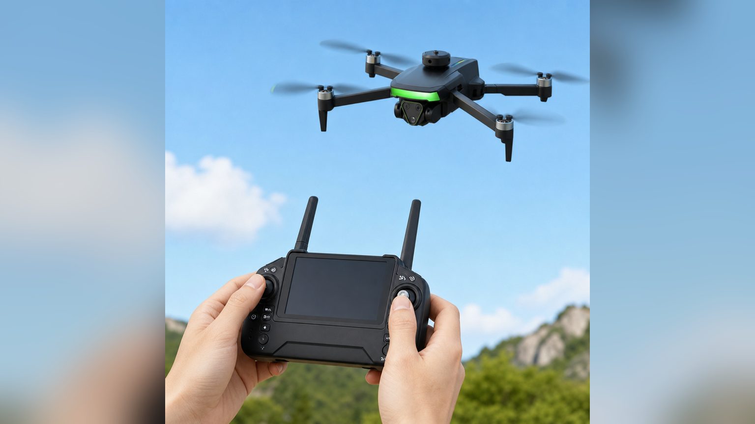 Dron plegable 4K de Novystor volando sobre un paisaje para capturar imágenes aéreas