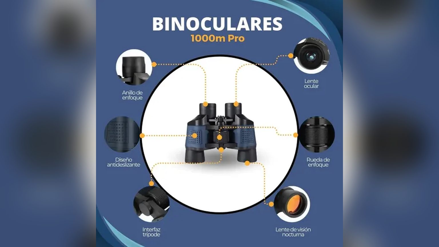 Persona sosteniendo binocular 60x60 azul en concierto nocturno con luces de escenario al fondo.