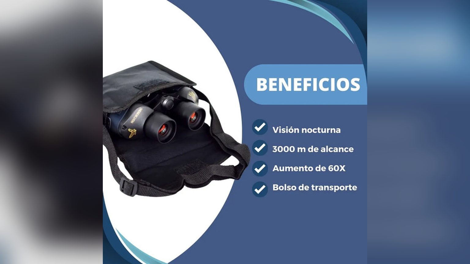 Cuatro binoculares alineados en mesa mostrando diferencia de tamaño de lentes objetivos: 60mm, 50mm y 25mm.