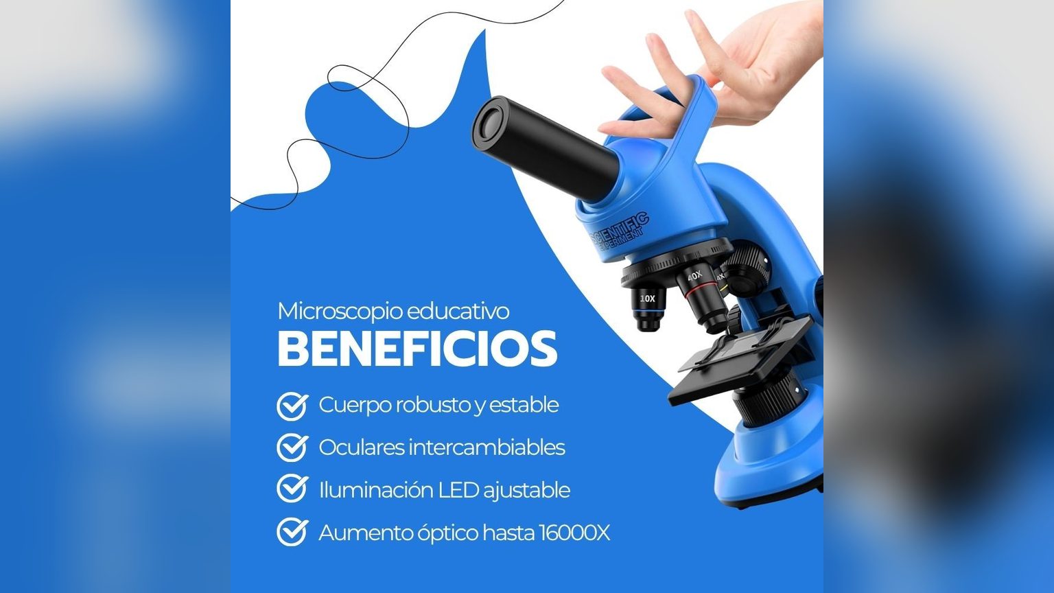 Estudiante usando microscopio monocular Novystor 16000X blanco con muestra preparada en platina