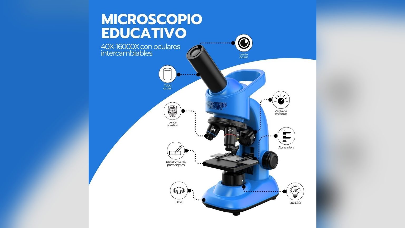 Cuatro microscopios monoculares Novystor con accesorios: modelos 1200X, 16000X azul, 16000X blanco y profesional 16000X