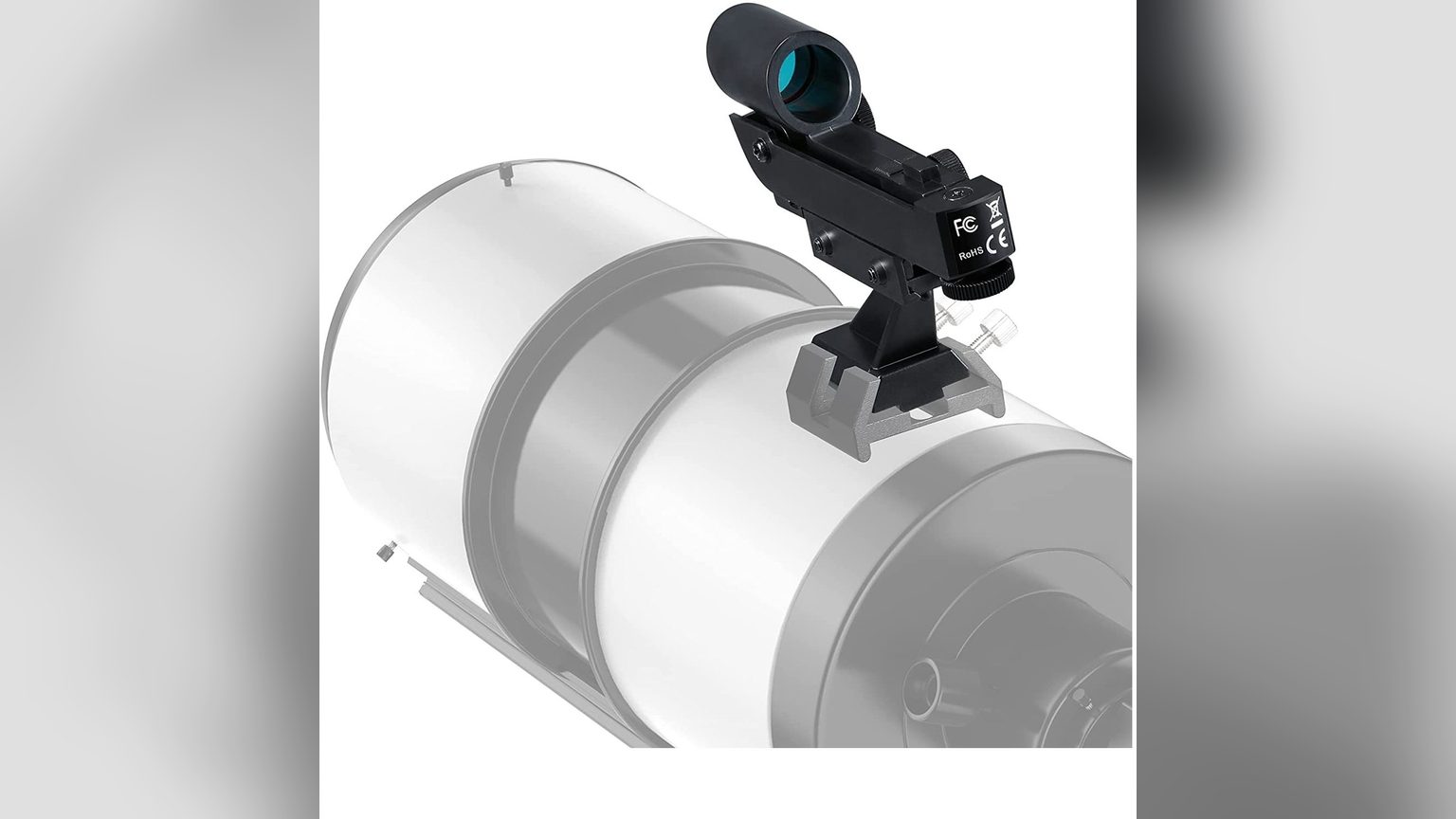 Buscador red dot negro con tornillos de ajuste visibles montado sobre base de telescopio