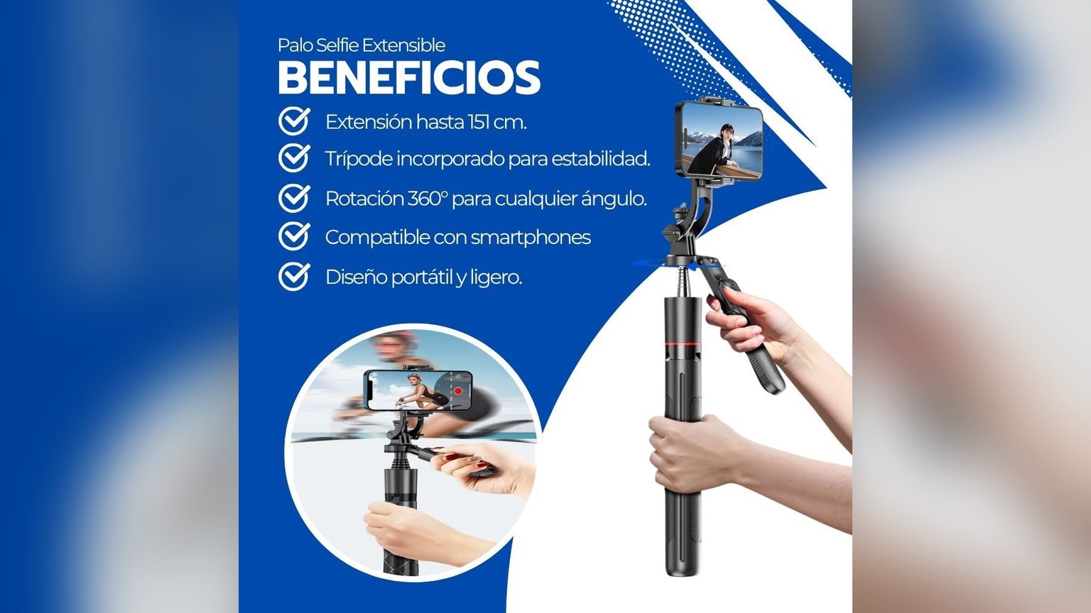 Comparativa de tres palos selfie Novystor extendidos a 152 cm y 170 cm, con smartphones montados en los soportes