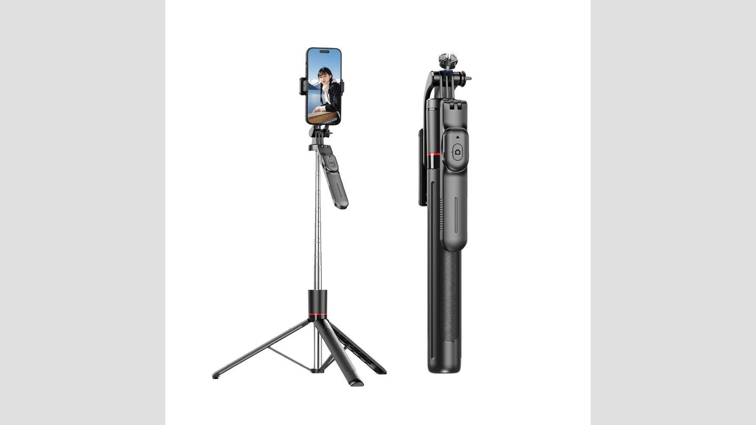 Cuatro soportes para celular de Novystor alineados: adaptador universal, trípode super largo, palo selfie con rotación 360° y trípode palo selfie 1.7m, con sus precios en tarjetas