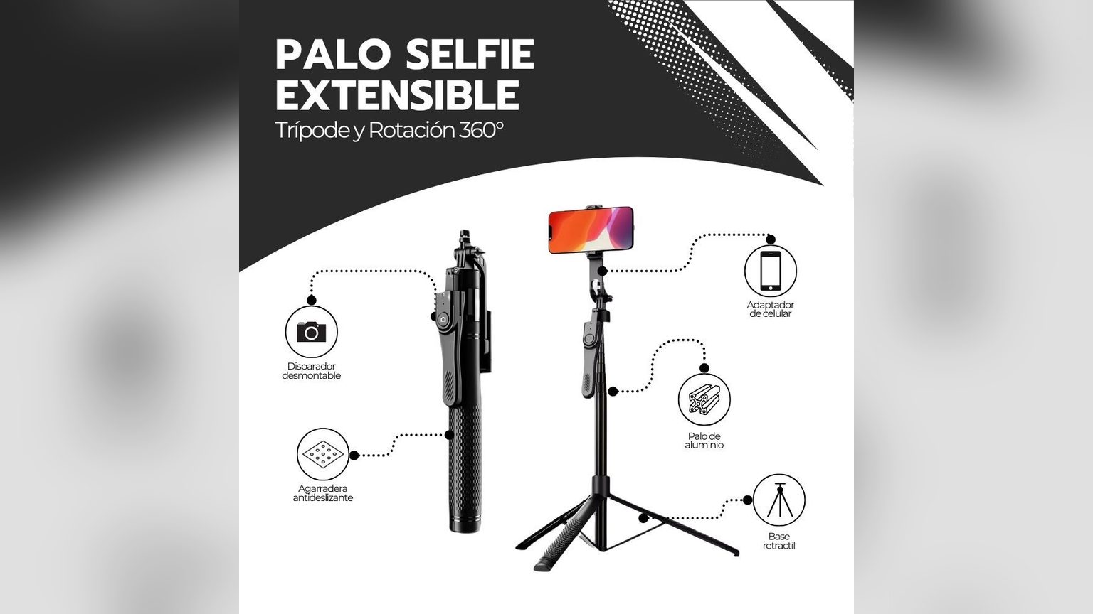 Comparación de dos palos selfie extensibles de 1.7 metros: uno con base de trípode de 44 cm (DSTARGAZE) y otro con base más compacta (Novystor), ambos plegados y extendidos