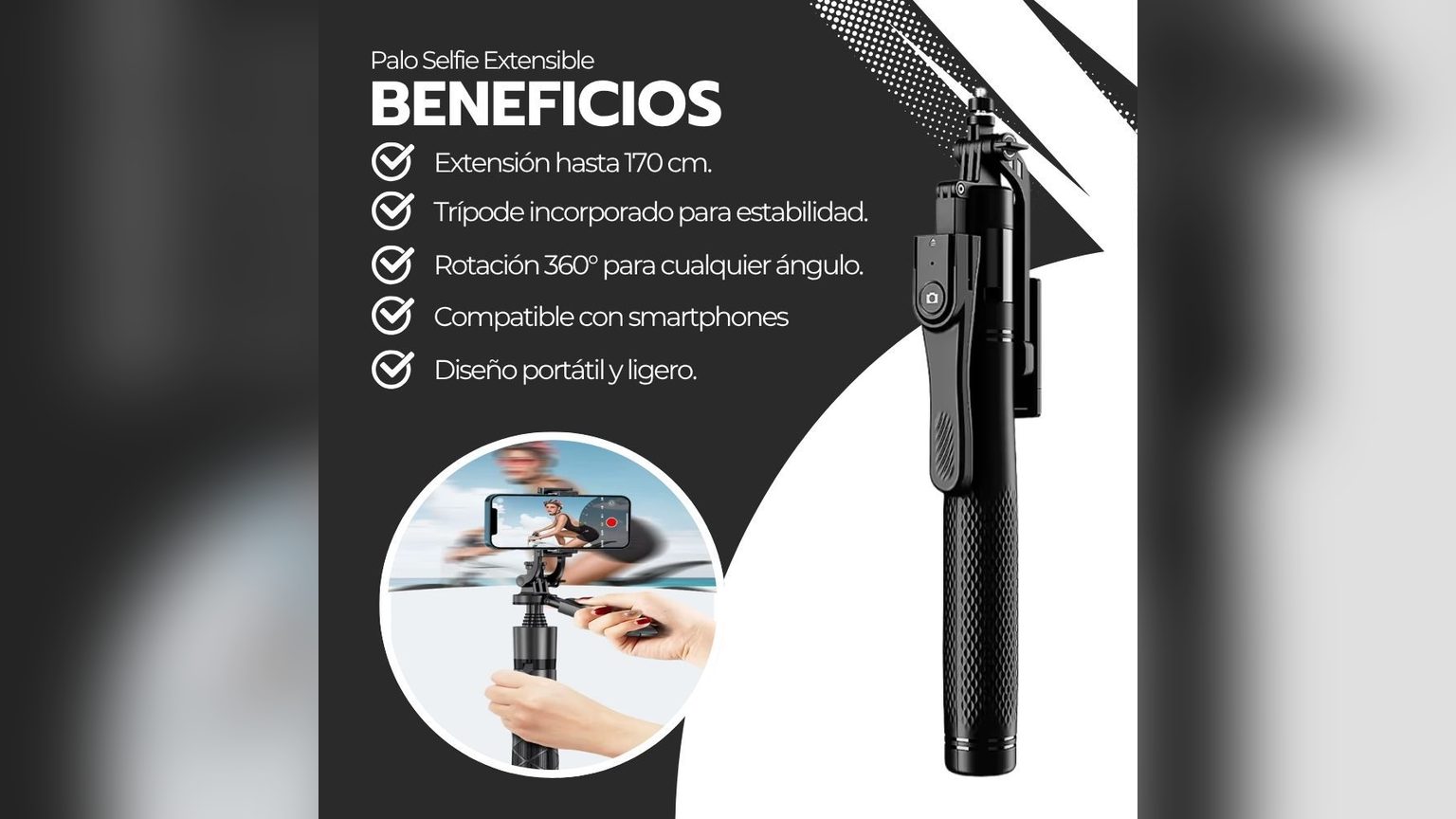 Palo selfie plegado de 33 cm junto a una regla y una balanza digital que marca 0.30 kg, mostrando dimensiones y peso reales del producto