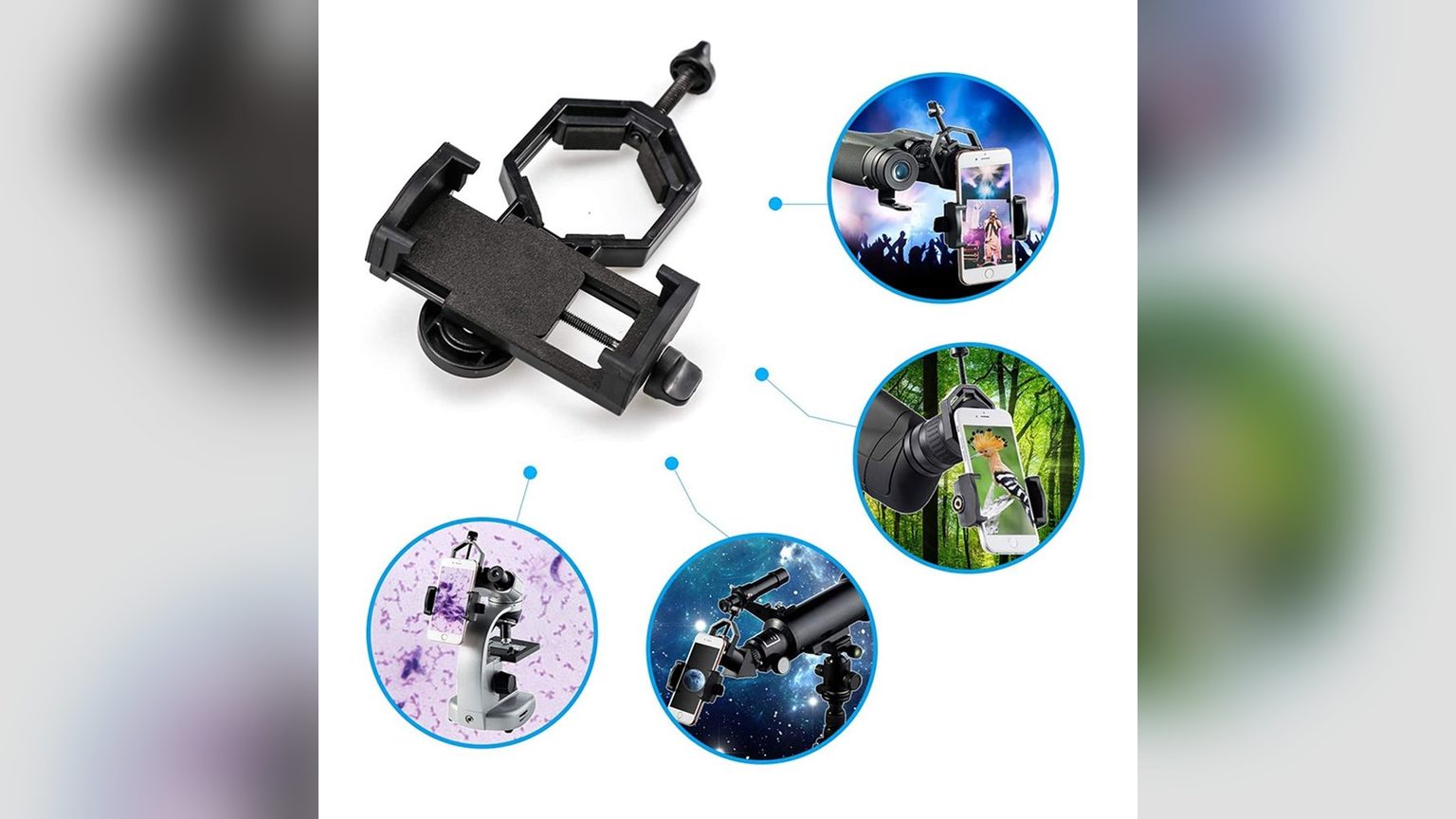 Adaptador universal de Novystor con clamp abierto sujetando un micrófono de mano, acoplado al trípode de aluminio del telescopio F30070M, en una habitación con paneles acústicos.