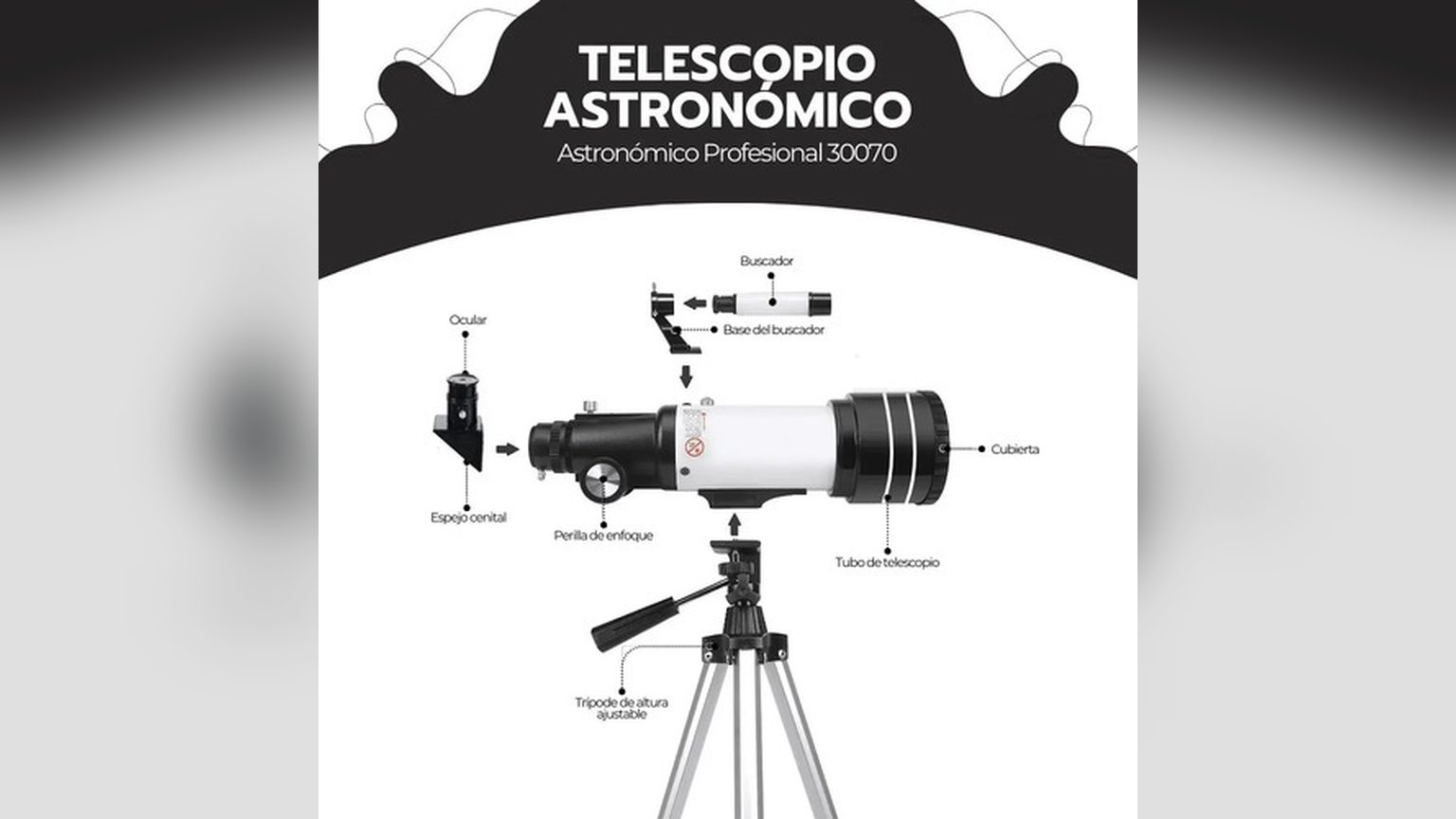 Cuatro telescopios con trípode desplegado: Monocular HD 50X BAK4 negro, F30070M blanco, F36050M plateado y F36050M diseño espacial.