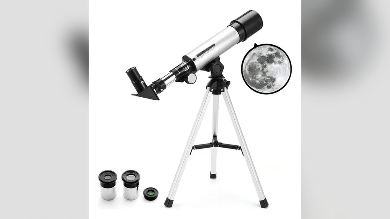Dos trípodes de telescopio lado a lado: uno de mesa plateado de 34 cm y uno de piso blanco extendido a 122 cm, con el tubo óptico montado en cada uno.