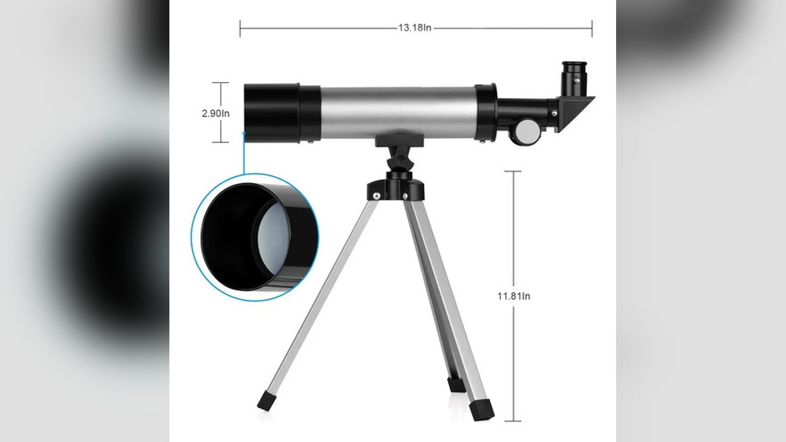 Telescopio F40070 Blanco armado sobre trípode de aluminio en un patio, con oculares y accesorios dispuestos para una sesión de astronomía al atardecer.