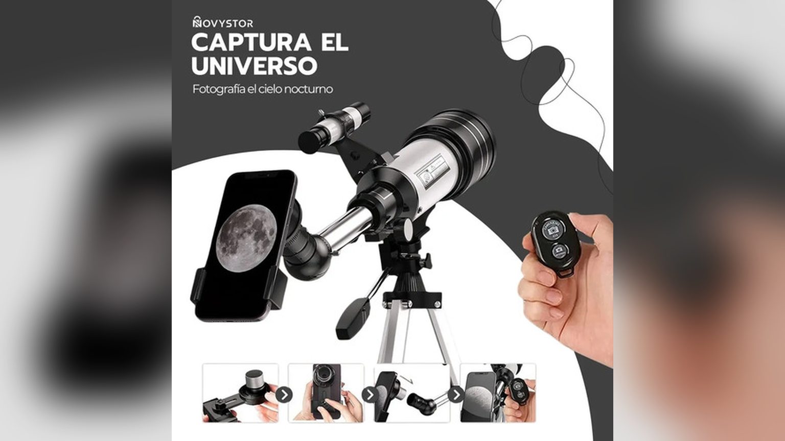Cuatro telescopios astronómicos con trípode de aluminio y adaptador de celular, comparativa de modelos disponibles en Novystor