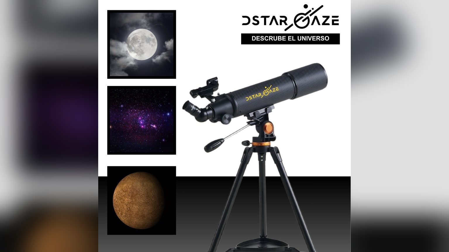 Persona calibrando el buscador red dot de un telescopio Novystor con un objeto terrestre lejano de fondo.