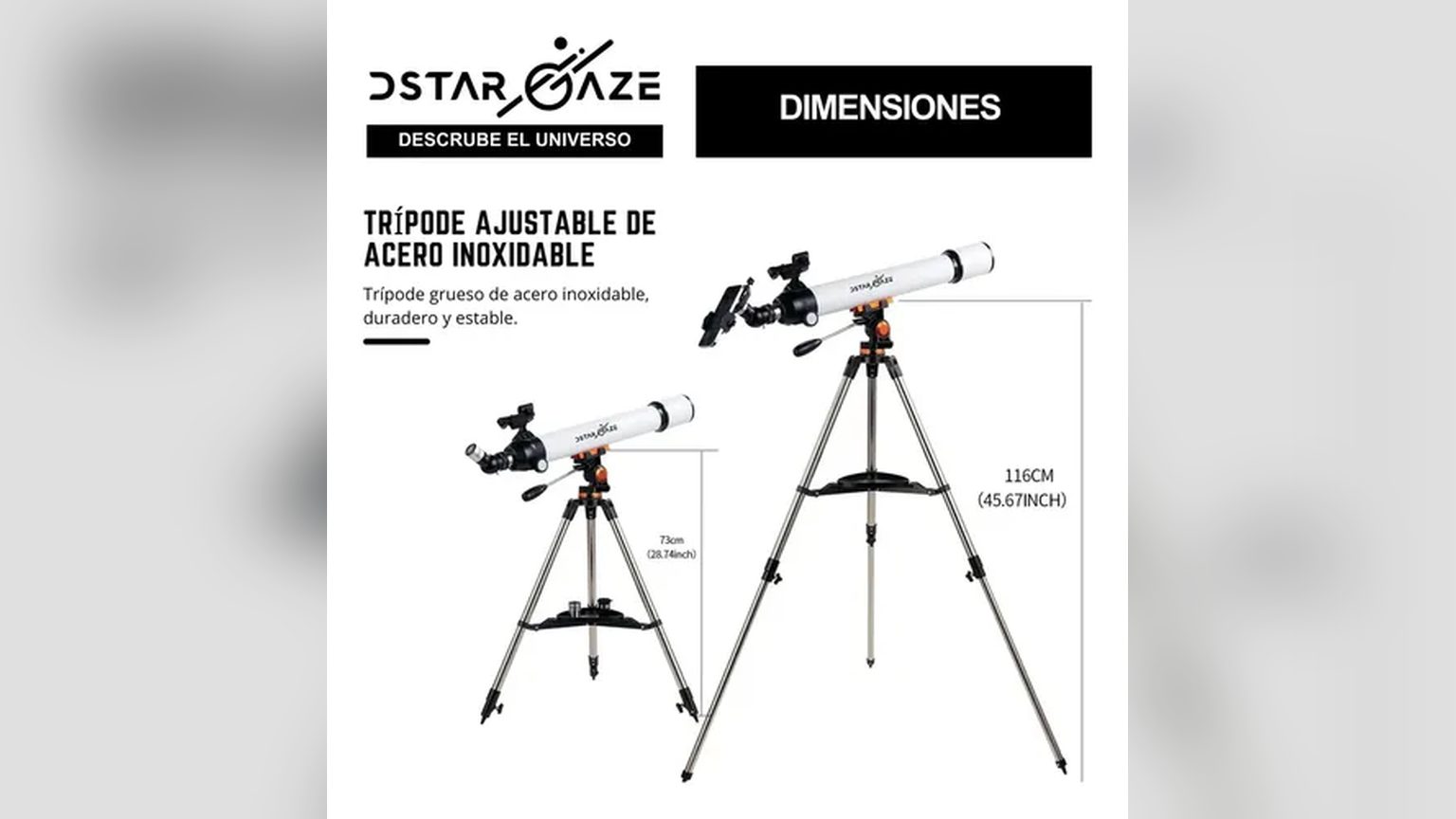 Observador usando telescopio Novystor con trípode de aluminio a altura máxima de 140 cm