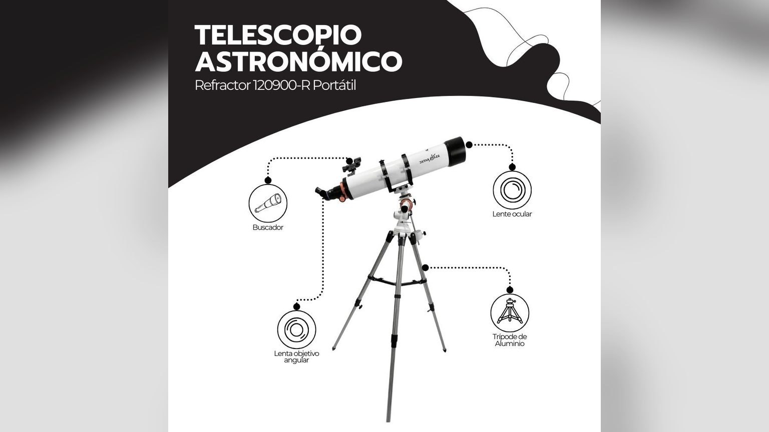 Telescopio Novystor F90080M con buscador red dot montado sobre trípode de acero en un patio urbano nocturno
