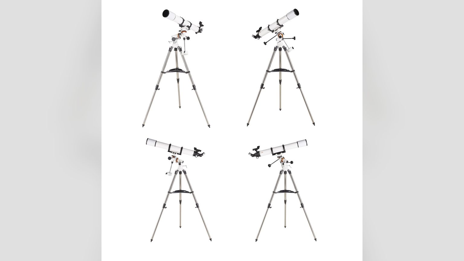 Trípode de aluminio de tres patas del telescopio Novystor 30070m extendido sobre superficie plana