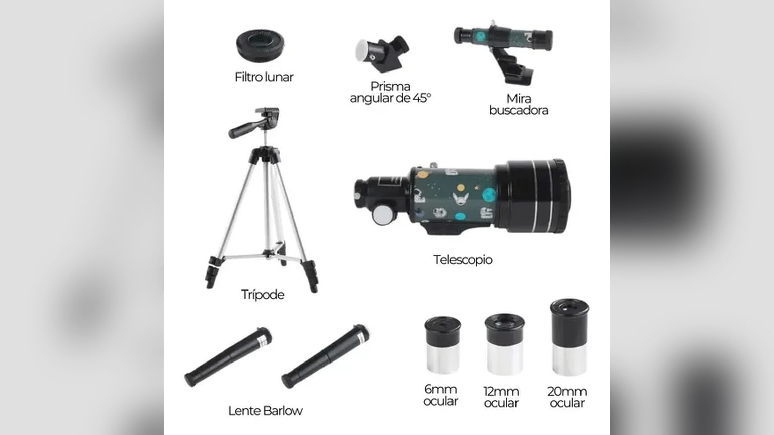 Buscador red dot montado sobre telescopio astronómico verde Novystor, con visor transparente y ruedas de ajuste laterales