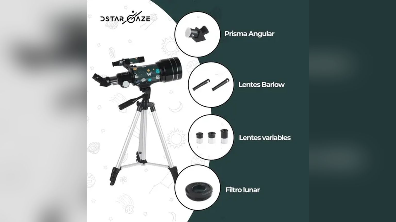 Persona usando telescopio astronómico Novystor de noche, con trípode de aluminio ajustado a altura media