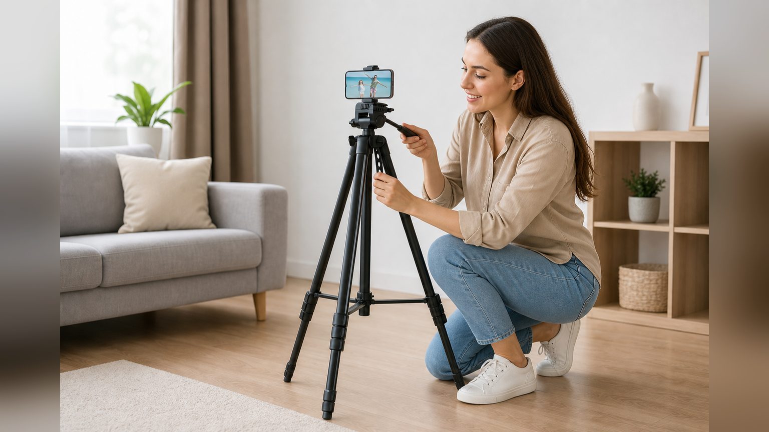 Palo para selfie Novystor con patas cerradas, cabezal giratorio y disparador Bluetooth visible al costado