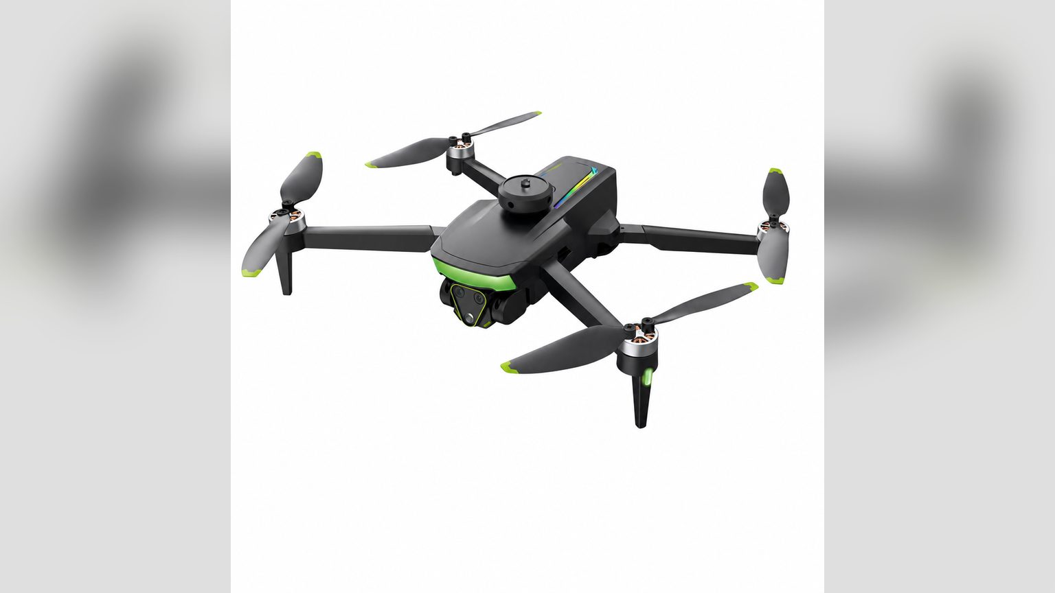 Dron plegable con su control remoto, en primer plano, listo para vuelo.